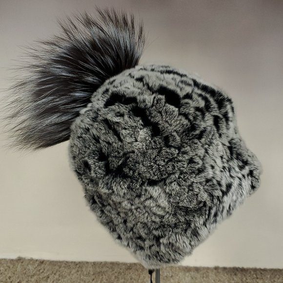 SALE Black Snow Knitted Rex Rabbit Fur Beanie with Fox Pom - Picture 1 of 2